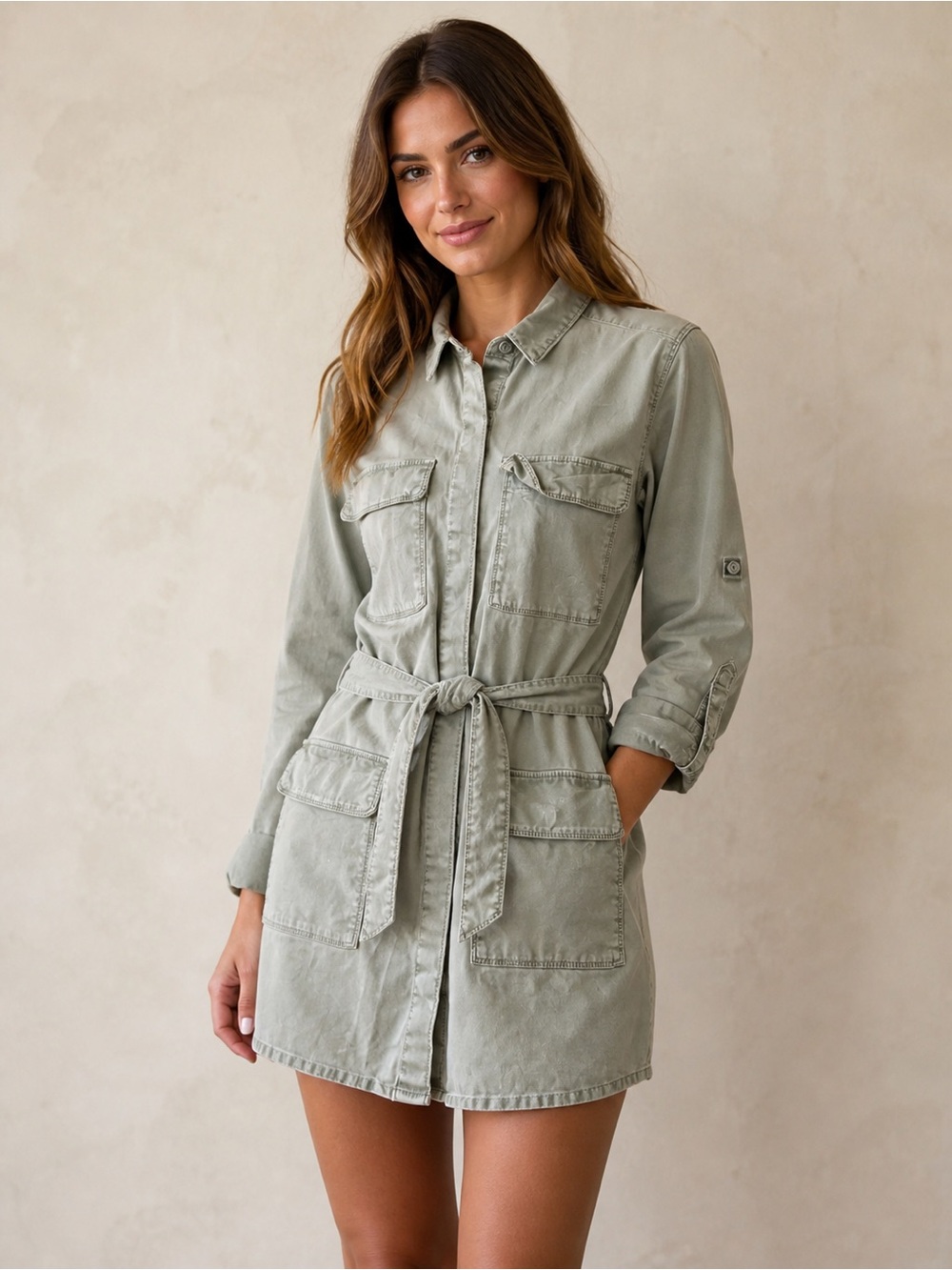 Abercrombie & Fitch Military Utility Shirt Dress Medium Olive Green Tie Waist